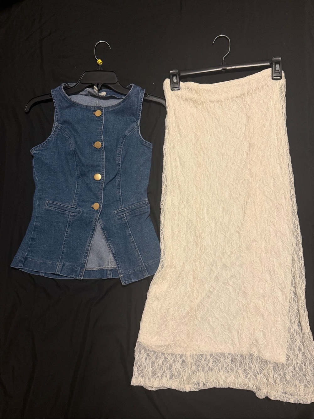 Denim Button-Front Vest and Cream Lace Maxi Skirt Set